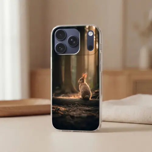 Konijn - Bos - Zonnestralen Telefoonhoesje iPhone 17 Pro klein -sfeer2