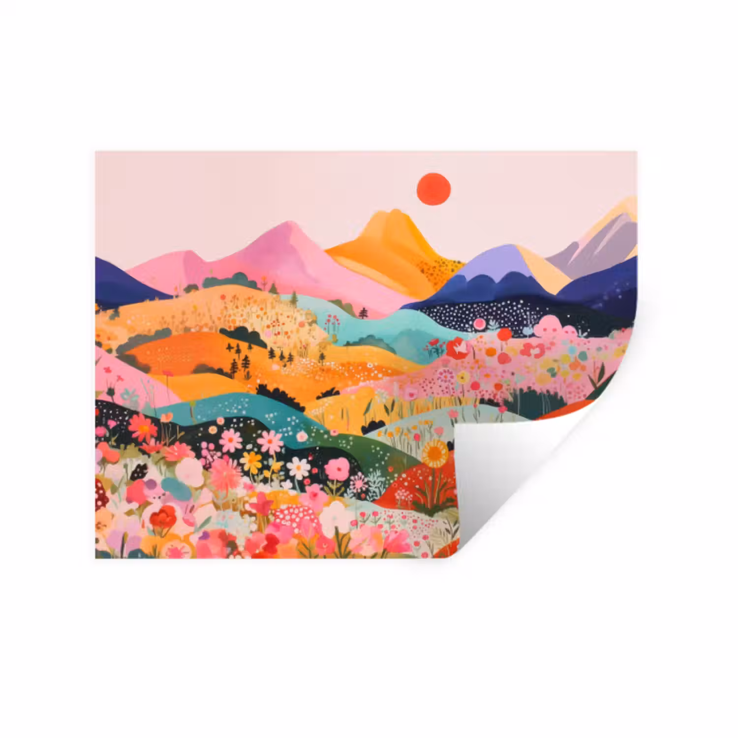 Wandtattoo – Bunte Blumen - Berge - Fantasielandschaft