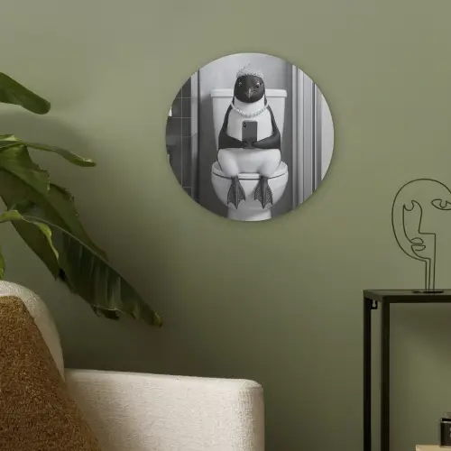 Pinguïn - Telefoon - Toilet - Zwart - Wit Akoestische PET Vilt - Rond klein -sfeer2