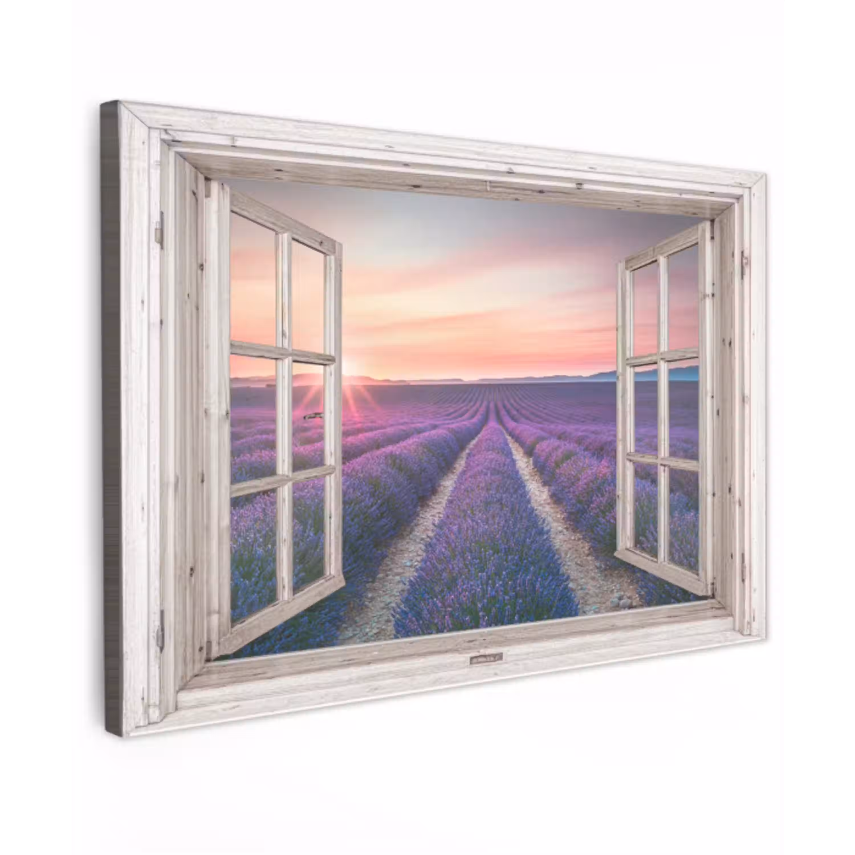 Doorkijk - Lavendel - Bloemen - Hout - Zonsondergang - Paars Tuinposter op houten frame 2 cm dik klein -3d