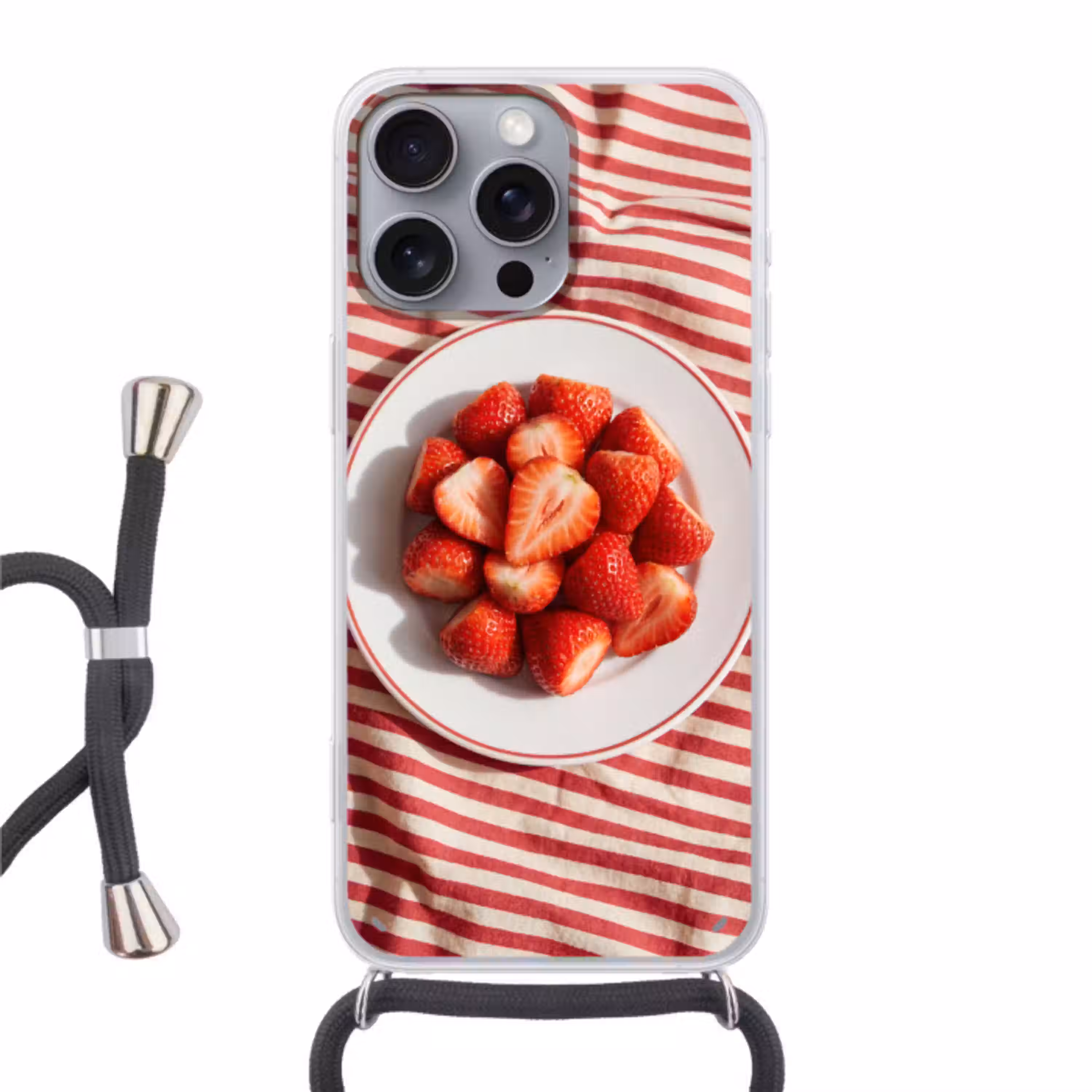 Eten - Aardbeien - Fruit - Zomer - Rood Hoesje iPhone 16 Pro Max met koord klein -3d