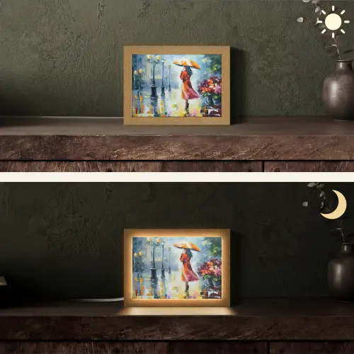 Olieverf - Paraplu - Vrouw - Straat - Kunst Light Box met kabel (Tafellamp) klein -sfeer3
