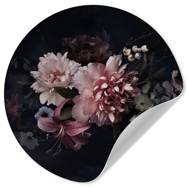Behangcirkel - Bloemen - Vintage - Pastel - Zwart - Boeket