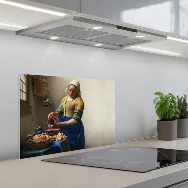Het melkmeisje - Kunst - Oude meesters - Vermeer keuken achterwand spatscherm klein -3d_schuin