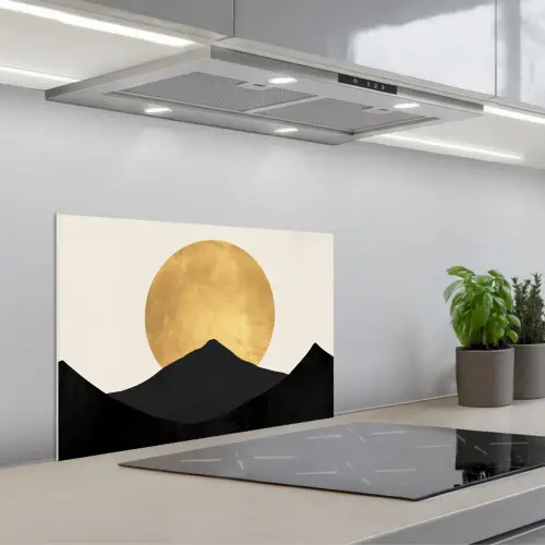 Bergsilhouetten - Gouden cirkel - Beige keuken achterwand spatscherm klein -3d_schuin