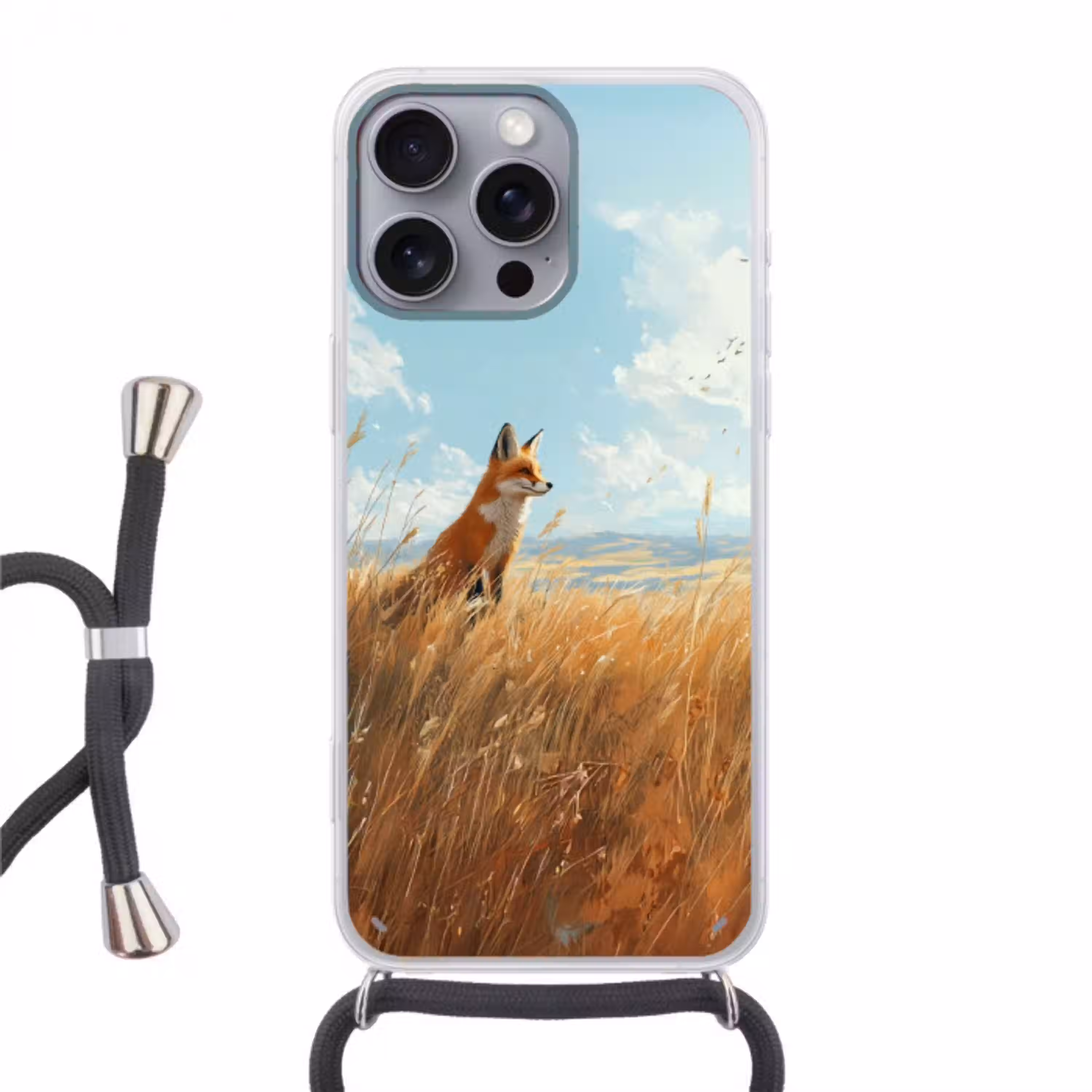 Vos - Gras - Wolken - Oranje Hoesje iPhone 16 Pro Max met koord klein -3d