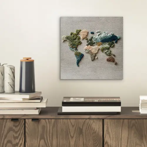 Wereldkaart - Geborduurd - Aardetinten aluminium wit klein -sfeer1
