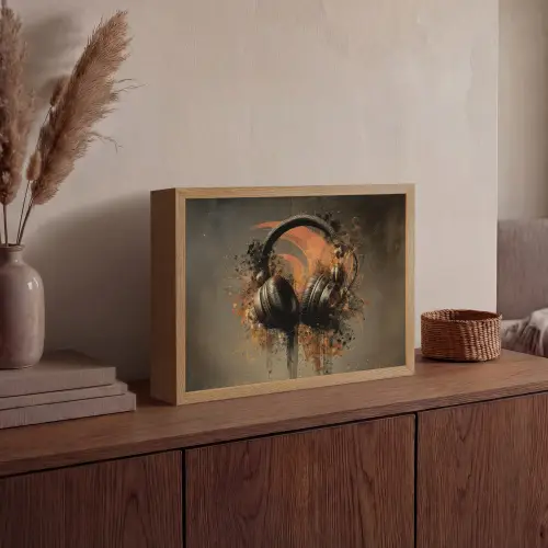 Koptelefoon - Bruin - Verf - Vintage Light Box met batterij (Wandlamp) middel -sfeer2