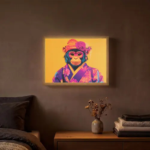 Aap - Kimono - Bloemen - Hoofdtooi Light Box met batterij (Wandlamp) middel -sfeer4