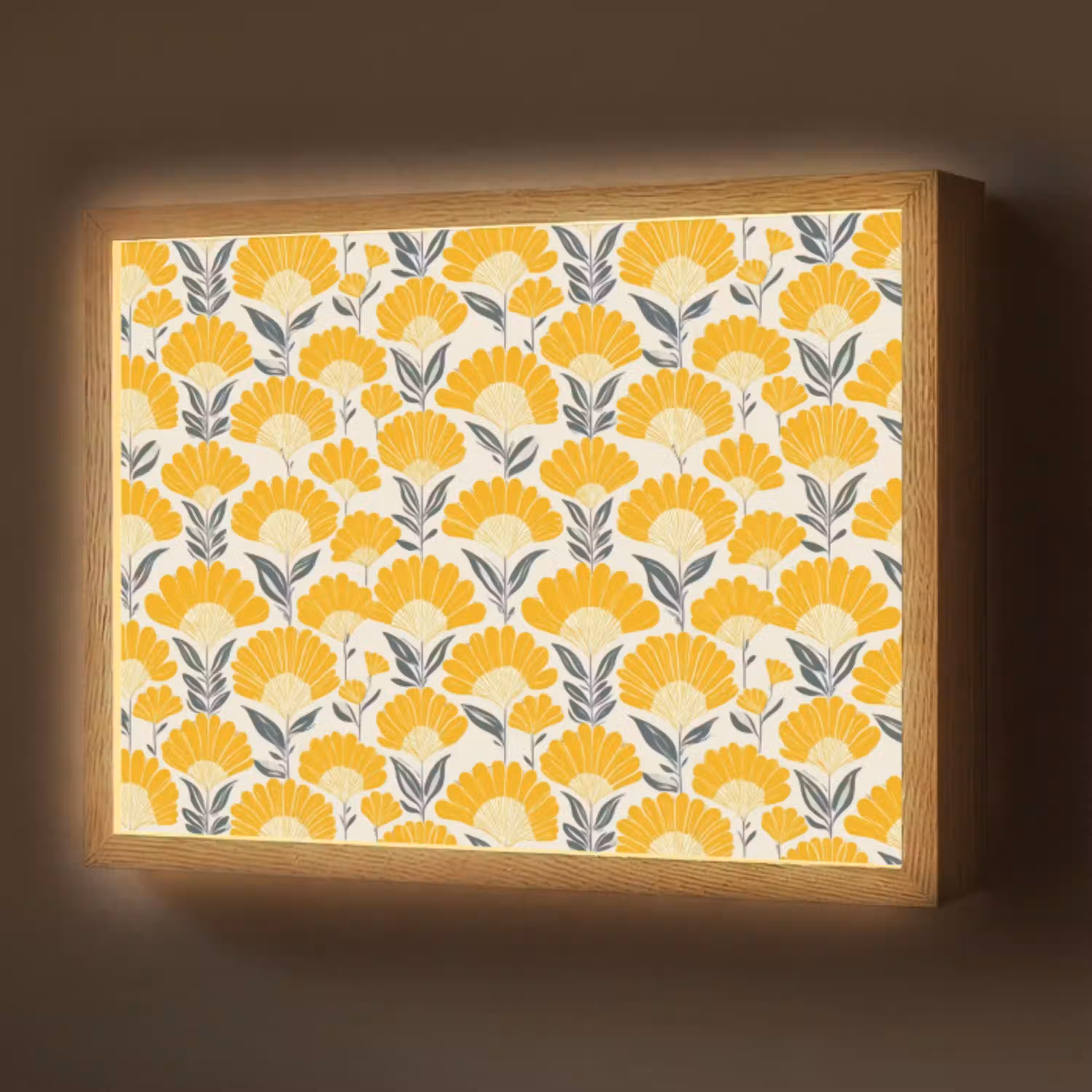 Bloemen - Retro - Botanisch - Okergeel - Grijs Light Box met batterij (Wandlamp) middel 907 -z3d_website