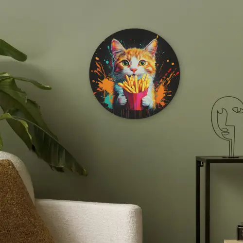 Kat - Eten - Patat - Graffiti - Abstract Akoestische PET Vilt - Rond klein -sfeer2