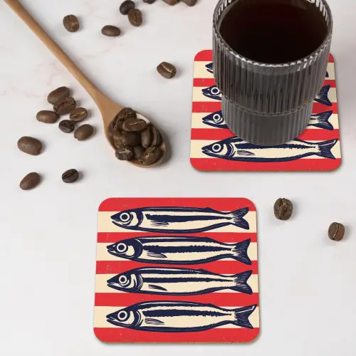Sardines - Rood en beige strepen onderzetter kurk middel -sfeer2