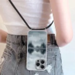 Bos - Meer - Mist - Natuur - Grijs Hoesje iPhone 16 Pro Max met koord klein -sfeer5