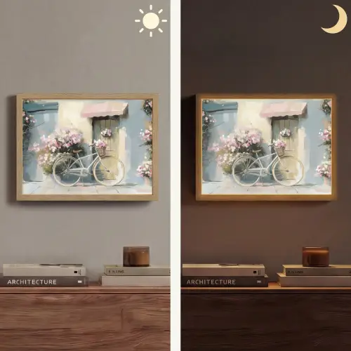 Fiets - Pastelkleuren - Bloemen Light Box met batterij (Wandlamp) middel -sfeer3