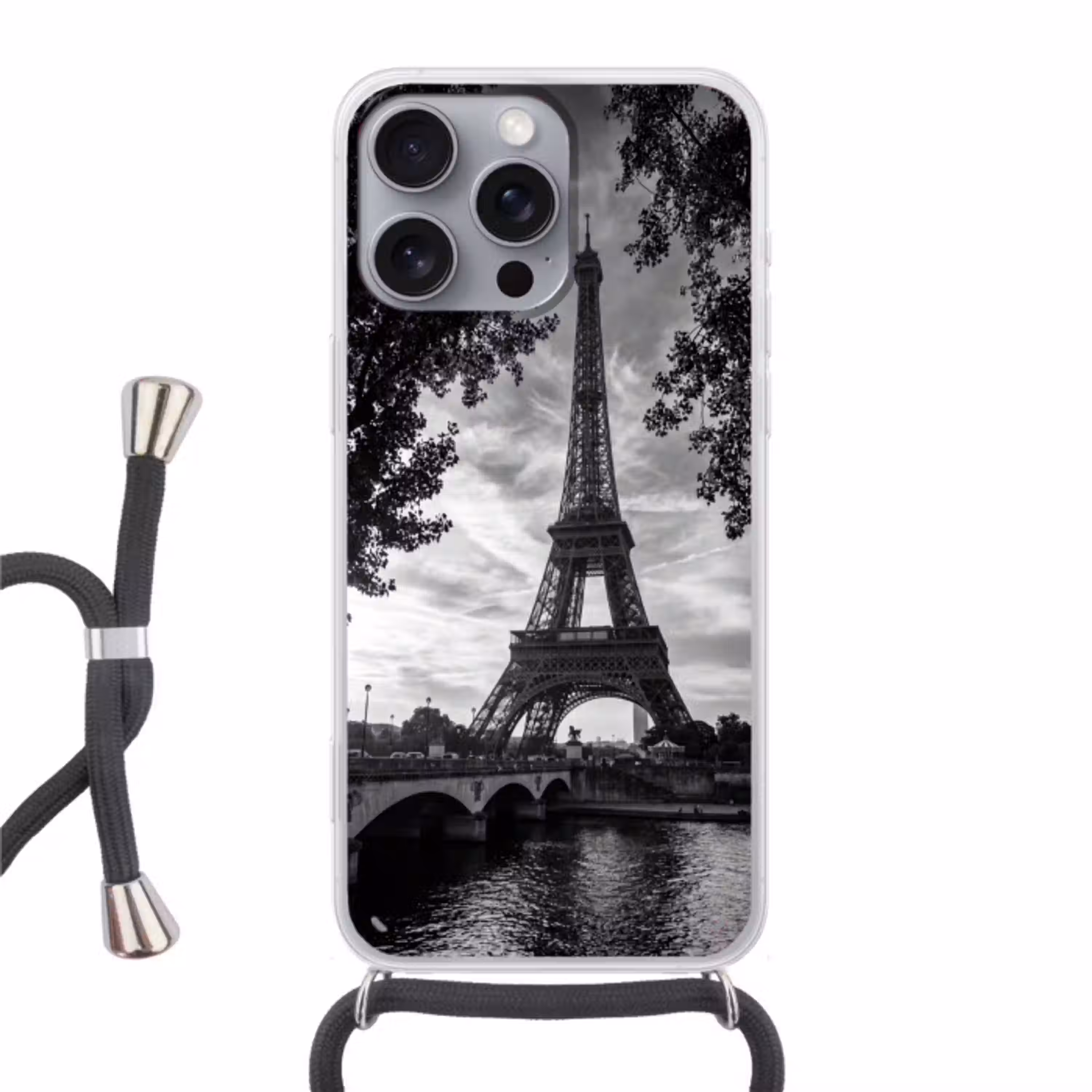 Eiffeltoren - Parijs - Rivier - Architectuur - Zwart-wit Hoesje iPhone 16 Pro Max met koord klein -3d