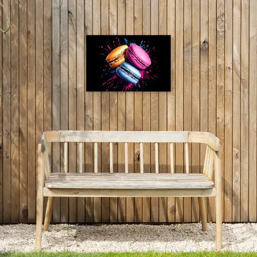 Macarons - Dessert - Graffiti - Kleurrijk - Roze - Blauw - Geel Tuinposter op houten frame 2 cm dik klein -sfeer4