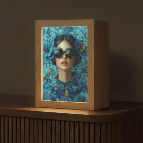 Vrouw - Bloemen - Vlinders - Blauw - Abstract Light Box met kabel (Tafellamp) klein -z3d_website
