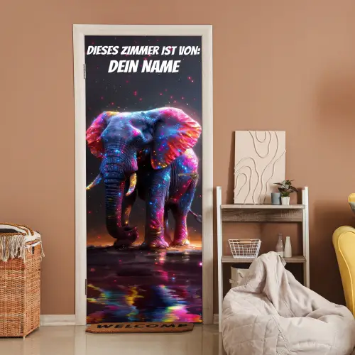 Bunter Neon-Elefant mit Namensfeld. deurposter klein -sfeer1