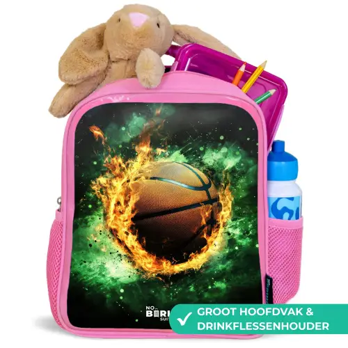 Basketbal in vlammen en explosieve energie Kinderrugzak - Roze middel -inhoud_NL