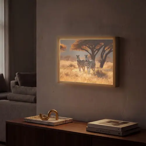 Zebra's - Savannelandschap - Gras Light Box met batterij (Wandlamp) middel -sfeer1
