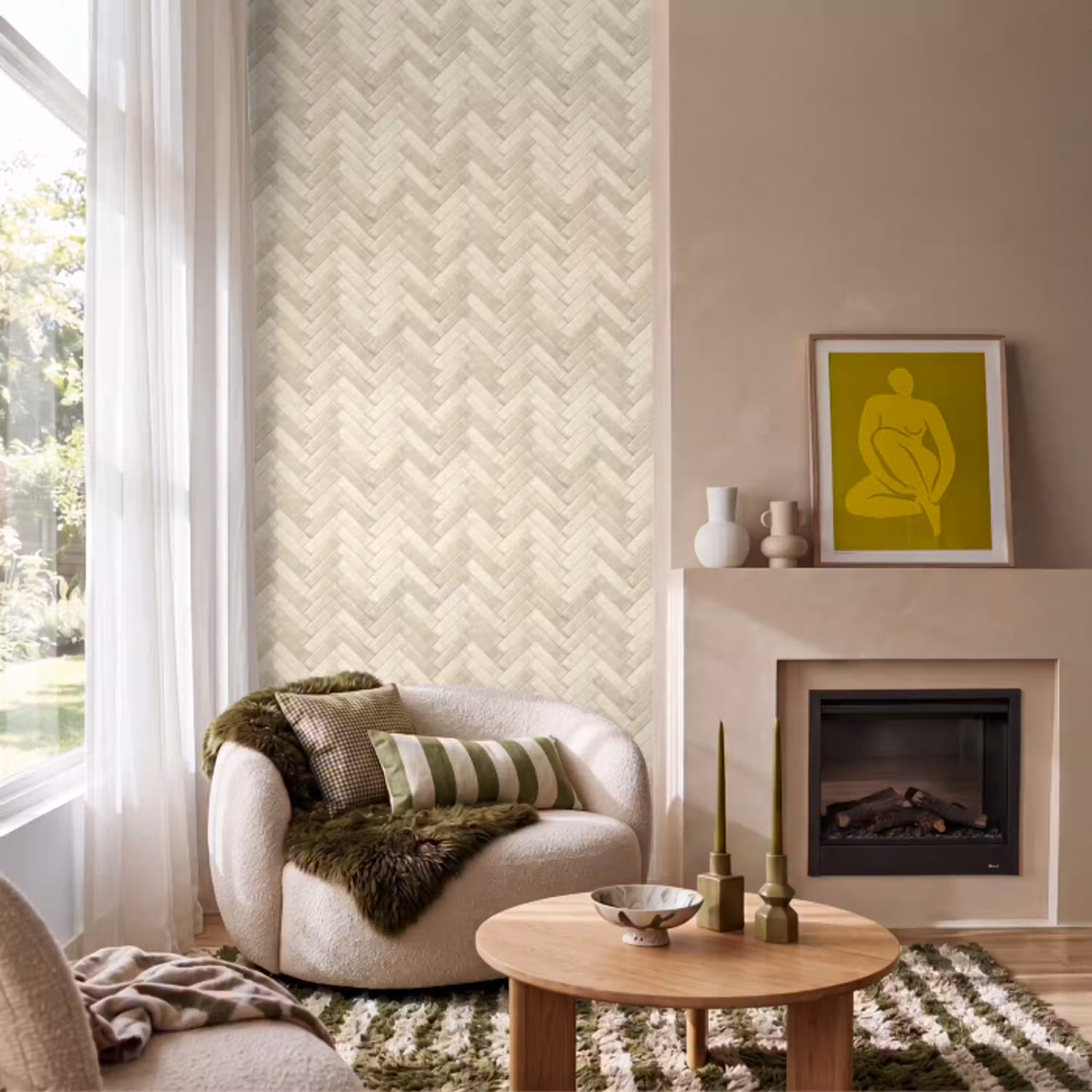 Visgraat - Wandtegel - Licht Beige Behang Vlies klein 1076 -sfeer2