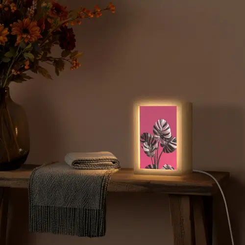 Bladeren - Rond - Roze Light Box met kabel (Tafellamp) klein -sfeer4