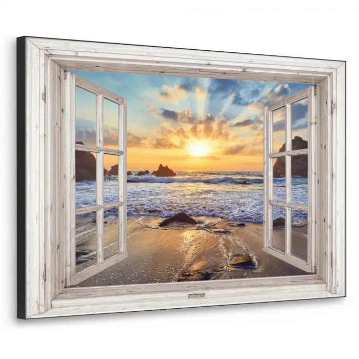 Strand - Doorkijk - Zonsondergang - Landschap - Zee - Natuur Textielframe zwart klein -3d