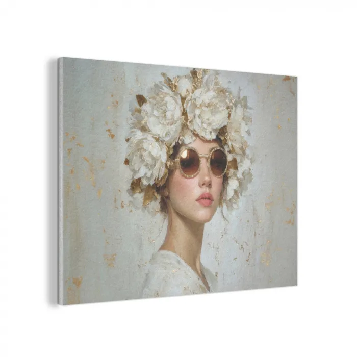 Schilderij - Vrouw - Zonnebril - Bloemenkrans PET vilt klein -3d