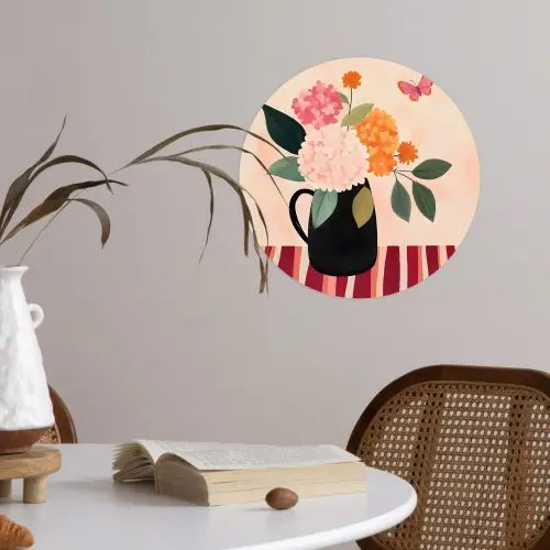 Vaas - Bloemen - Vlinder - Rood Wandcirkel behangsticker klein -sfeer3