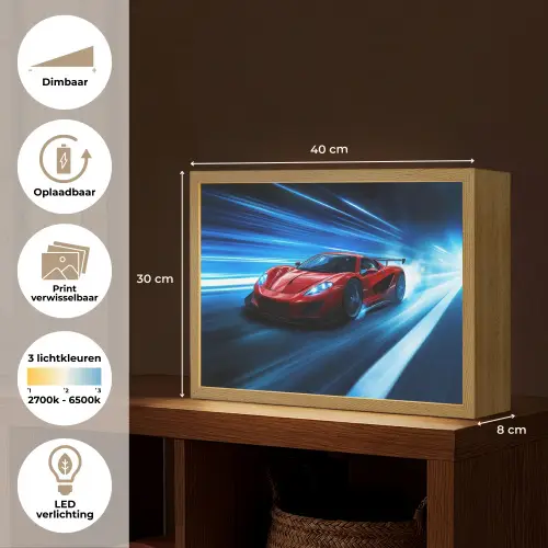 Rode raceauto - Blauw - Futuristisch Light Box met batterij (Wandlamp kind) middel -USP_websiteoverzichtNL