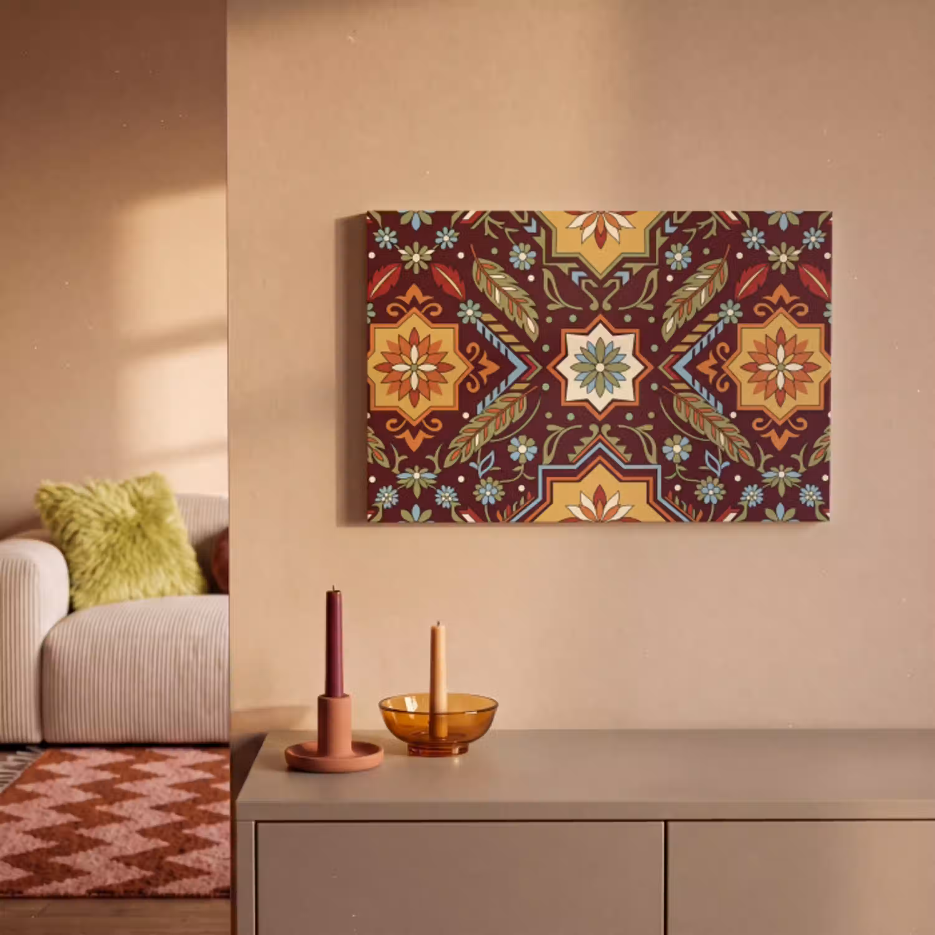 Patroon - Floraal - Geometrisch - Kleurrijk - Decoratie canvas 2cm klein -sfeer1