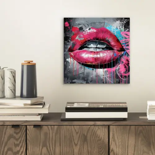 Lippen - Felroze - Graffiti - Verfstrepen aluminium wit klein -sfeer1
