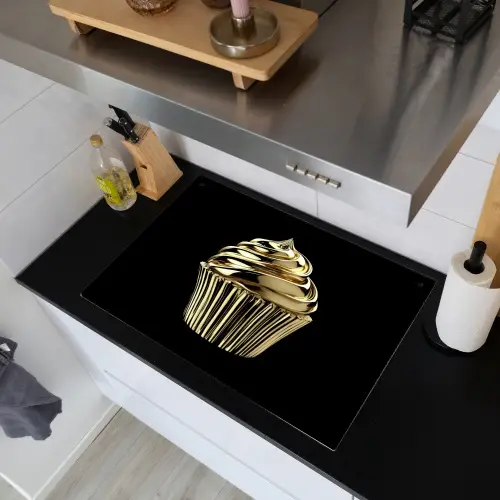 Cupcake - Eten - Goud - Zwart Inductie beschemer met haakjes klein -sfeer1