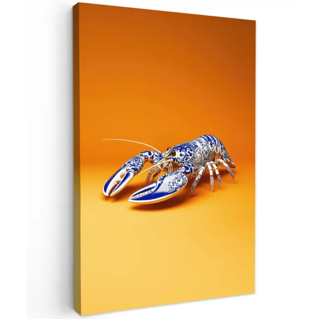 Kreeft - Delftsblauw - Schild - Stoer - Oranje Tuinposter op houten frame 2 cm dik klein -3d