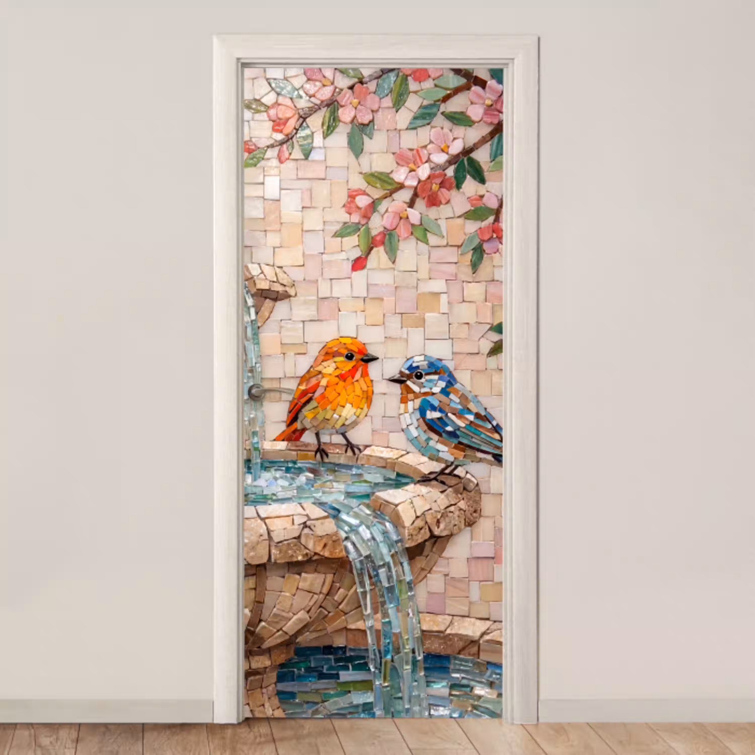 Vogel - fontein - mozaiek - kleurrijk - dieren deurposter klein -3d_beige