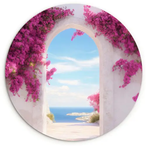Zee - Roze - Bloemen - Poort Wandcirkel plexiglas klein -3d