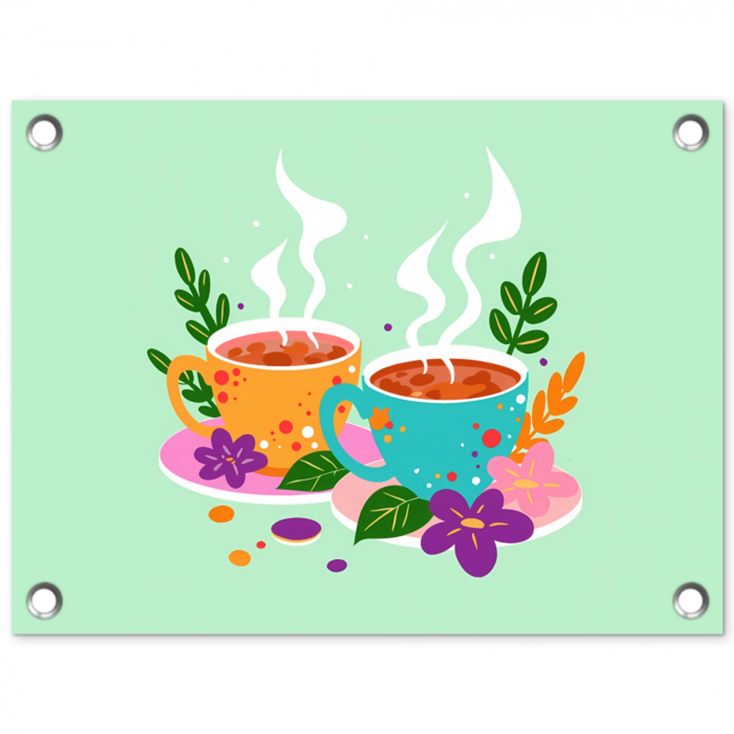 Thee - Illustratie - Kopjes - Bloemen tuinposter los doek klein -3d