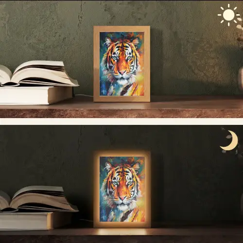 Tijger - Dieren - Olieverf - Kunst Light Box met kabel (Tafellamp) klein -sfeer3