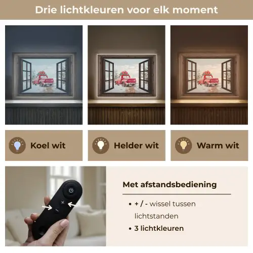 Doorkijk - Auto - Rood - Cadeaus - Winterlandschap - Kerst Light Box met batterij (Wandlamp) middel -USP_lichtkleurNL