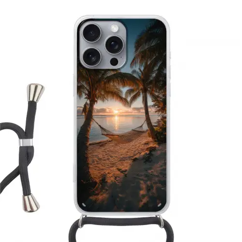 Palmbomen - Hangmat - Strand - Zonsondergang Hoesje iPhone 16 Pro Max met koord klein -3d