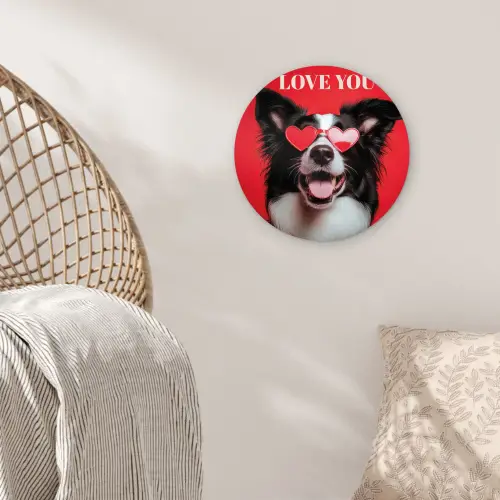 Hond - Hartjesbril - Loveyou - Rood Wandcirkel kunststof plaat 5mm dik klein -sfeer5