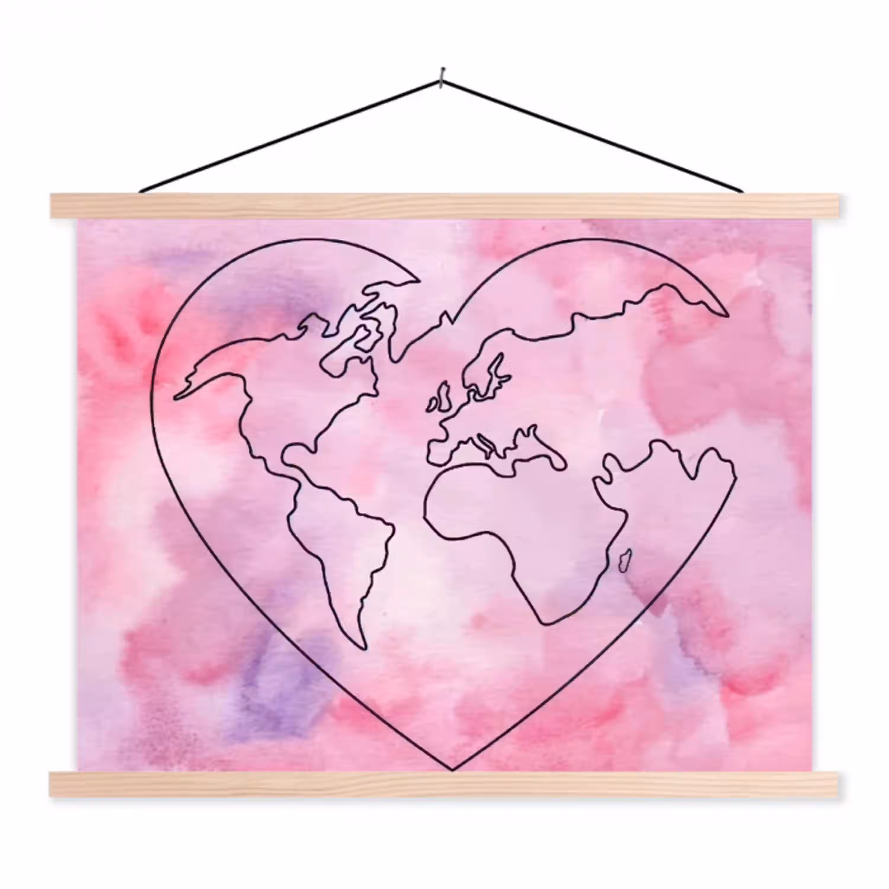 Hart - Roze - Wereldkaart textielposter latten blank klein -3d