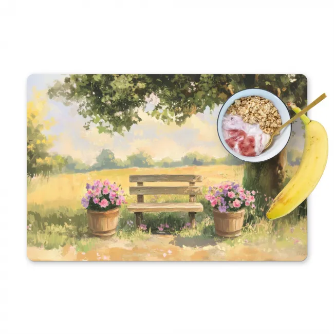 Houten bankje - Bloempotten - Landschap Placemat vinyl groot -zzzproduct_Kitchenyeah-website