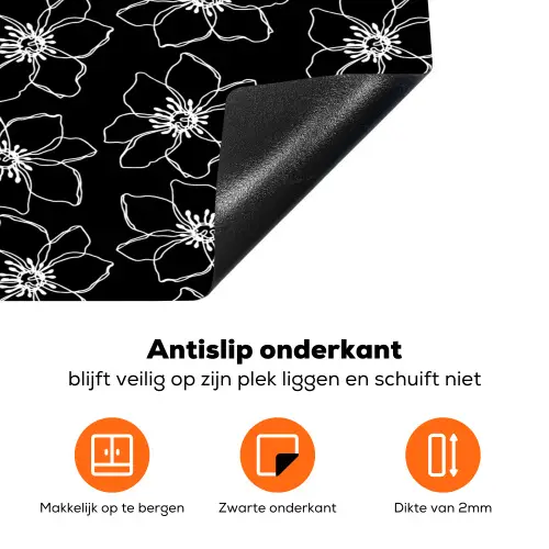 Bloemen - Patroon - Wit - Zwart Inductie beschermer vinyl 3mm klein 276 -zzzzzzz-td-onderkant