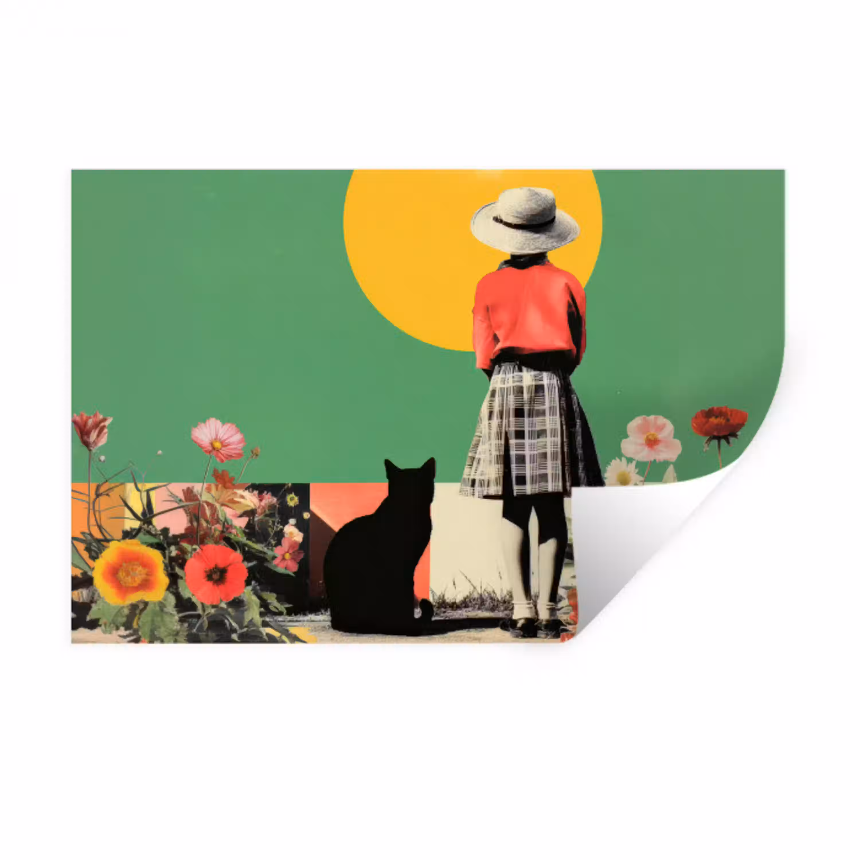 Retro - Meisje - Kat - Zon Muursticker klein -3d