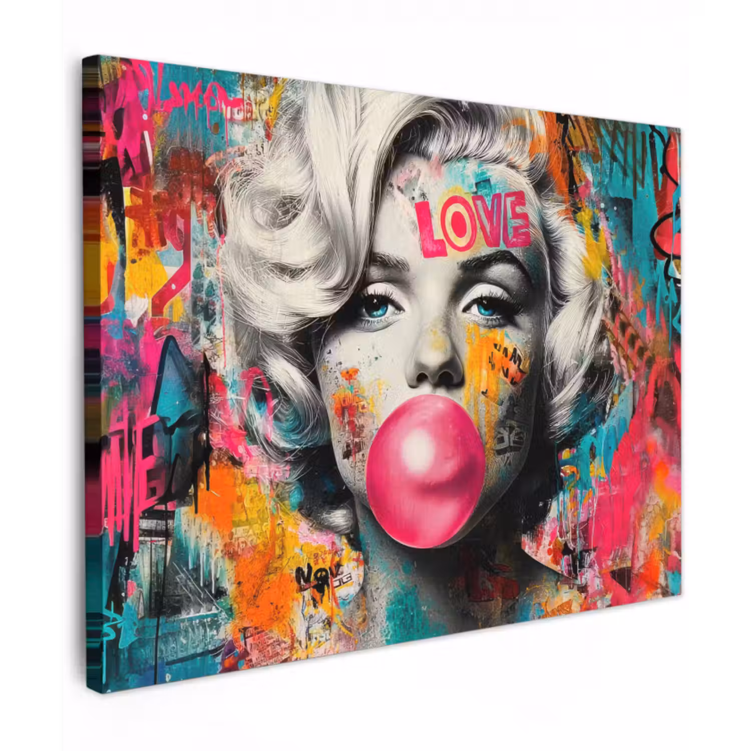 Leinwandbild - Frau - Kaugummi - Graffiti - Neonfarben