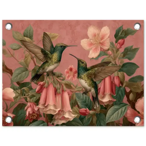Kolibries - Bloemen - Groen - Roze tuinposter los doek klein -3d