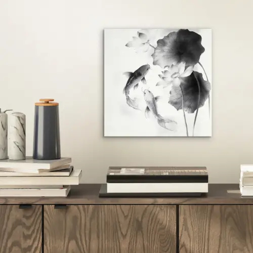 Lotusbloemen - Vissen - Bladeren - Zwart aluminium wit klein -sfeer1