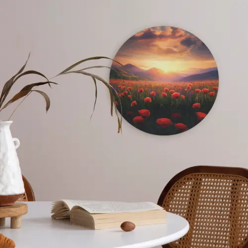 Landschap - Zonsondergang - Bloemenveld Akoestische PET Vilt - Rond klein -sfeer3