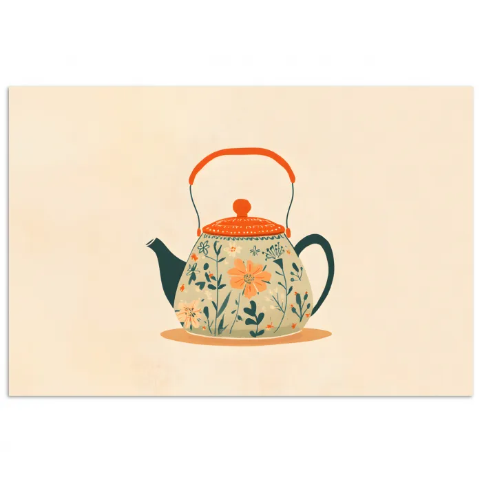 Oranje - Theepot - Bloemen - Bladeren poster papier klein -3d